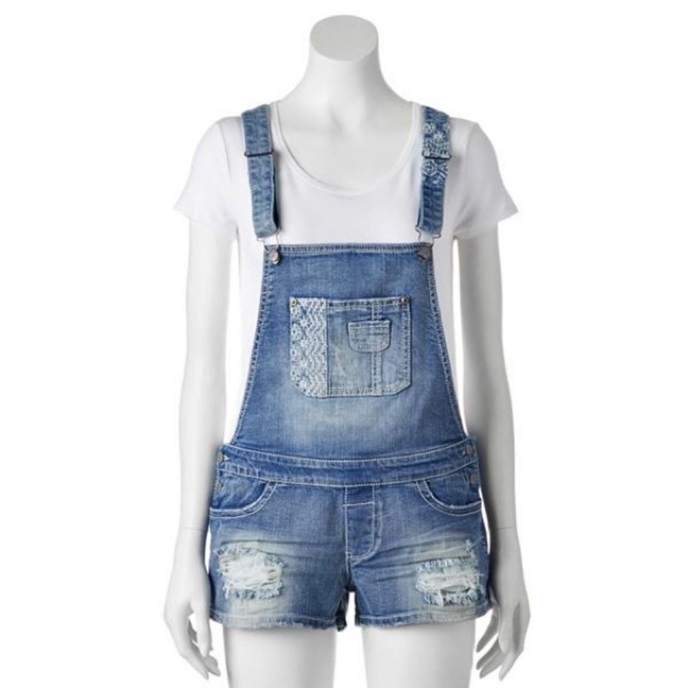 Mudd Geo Embroidered Denim Shortalls Juniors Size XL
